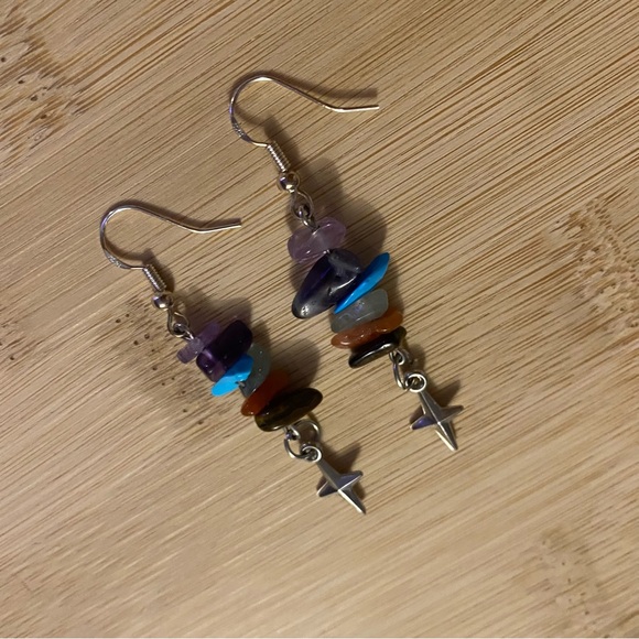 Star Chakra Pendant Dangle Earrings Stone Crystal Handmade Hook Silver Charm - Picture 4 of 5